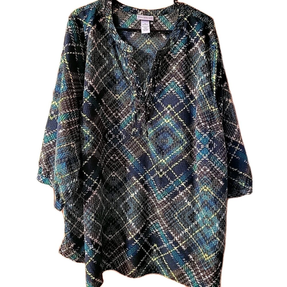Catherines 2X Blouse 3/4 Sleeve Tunic Green Geometric Lightweight V-Neck Casual